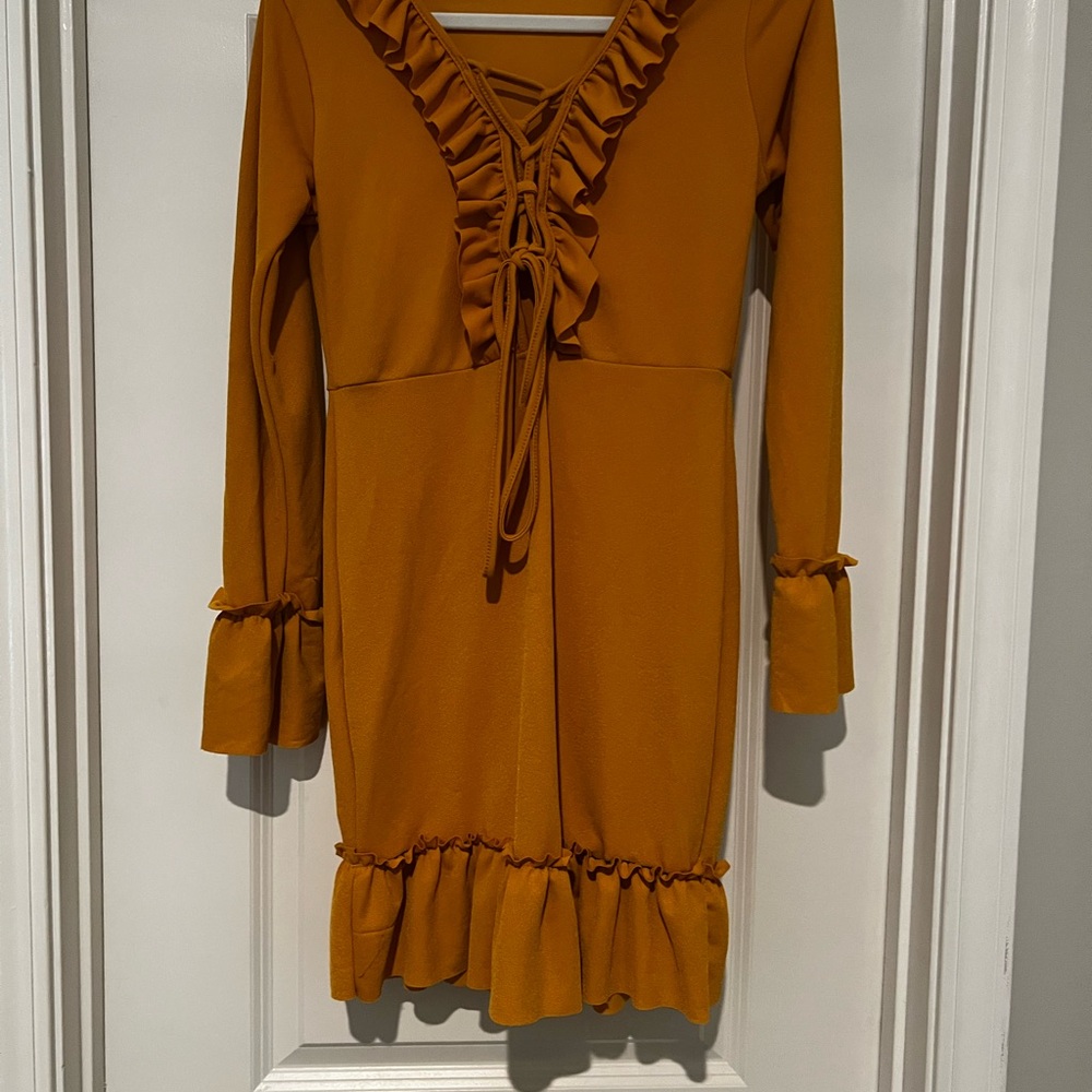 Boohoo Mustard Ruffle Mini Dress
